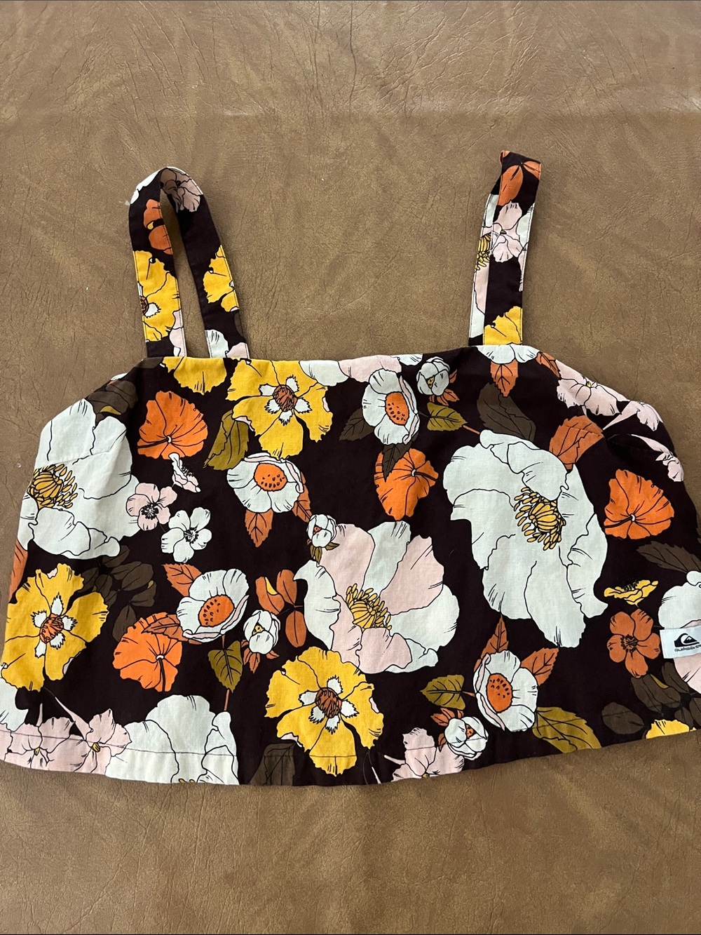 Quiksilver Floral Crop Tank Top in Brown, Yellow & Orange